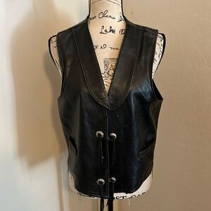 Vintage Black Leather Tassel Western Boho Rodeo Button Closure Vest